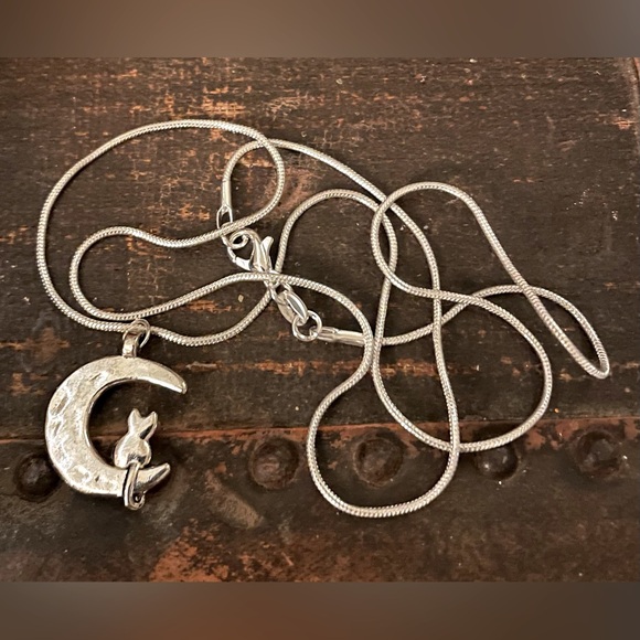 None Jewelry - Silver Cat on a Crescent Moon Pendant